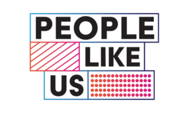 People Like Us Organisation Logo in black text and pink and purple designs